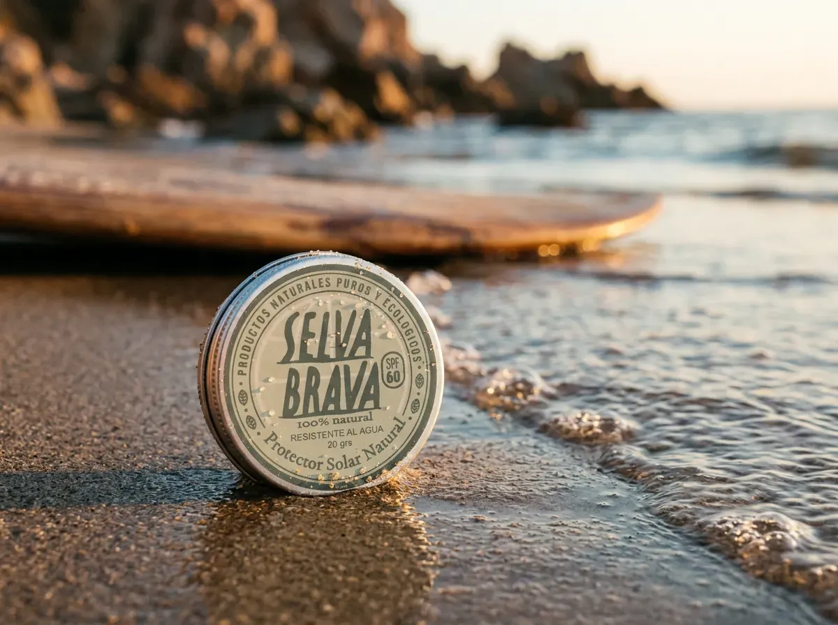 Selva Brava Sunscreen SPF 60 en la orilla, tabla de surf y luz de atardecer