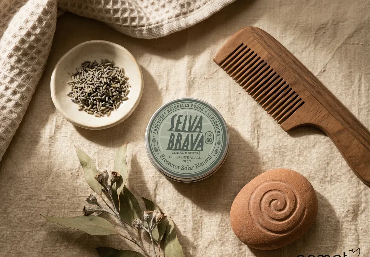 Selva Brava en flatlay con lavanda, eucalipto y peine de madera
