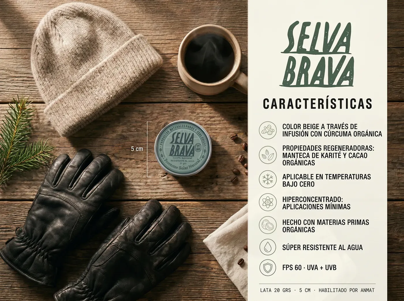Ficha de características del Sunscreen SPF 60: FPS 60, resistente al agua, materias primas orgánicas