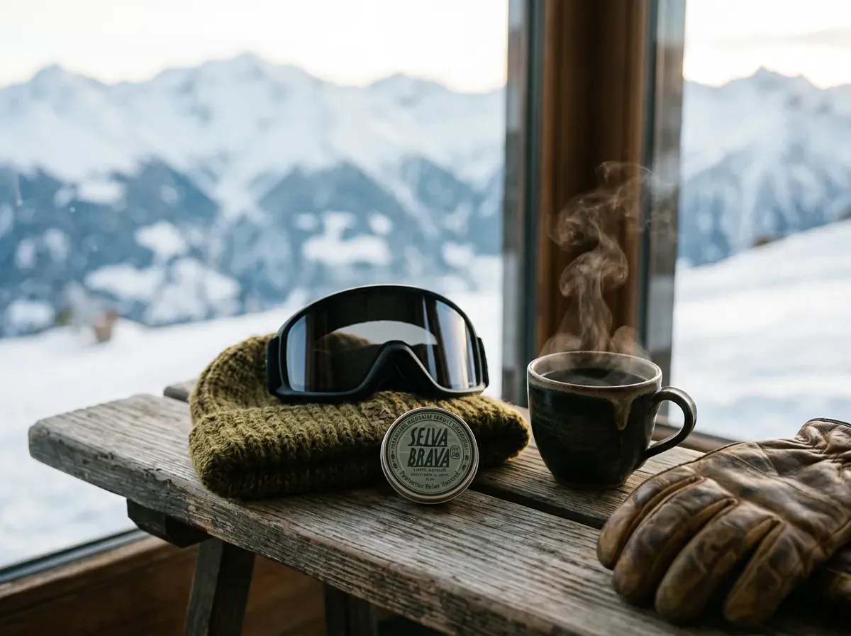 Selva Brava en un refugio de montaña con antiparras, gorro y café, cordillera nevada al fondo