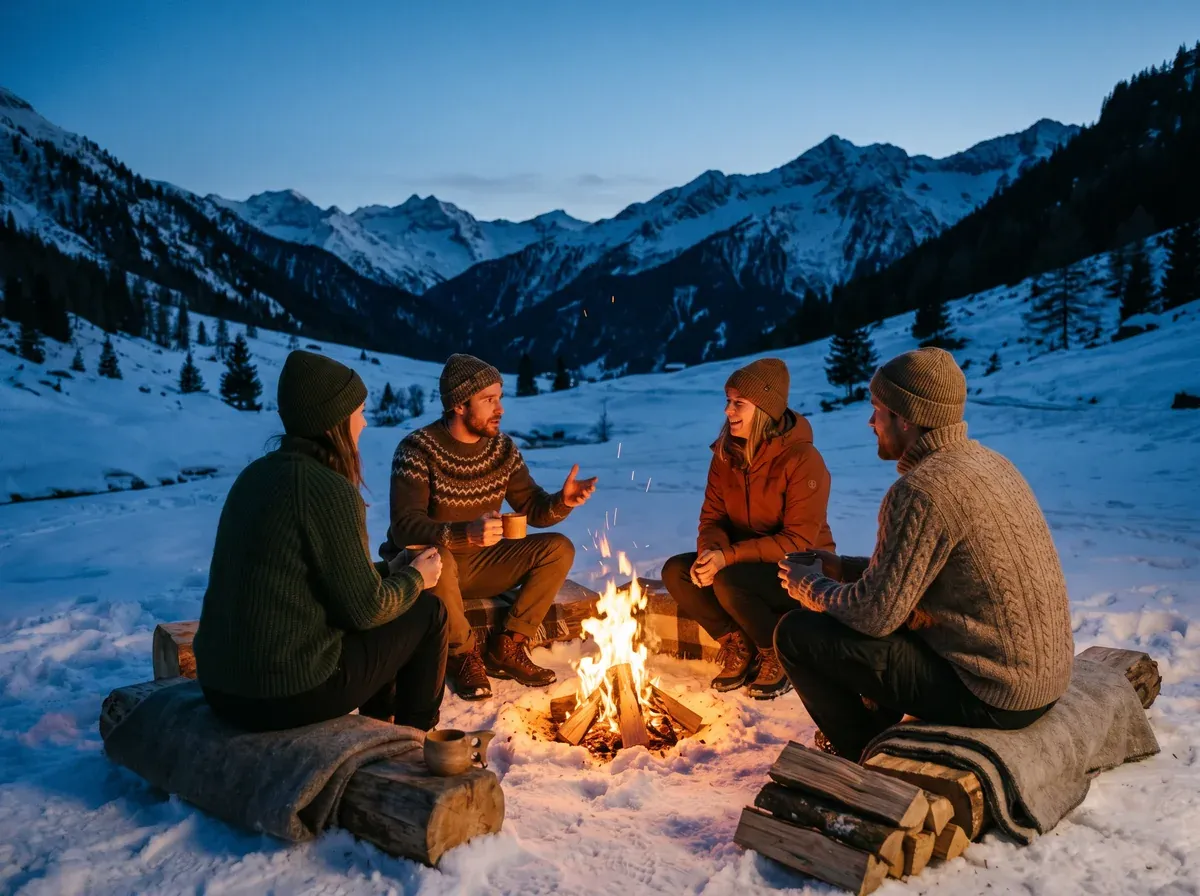 Grupo alrededor del fuego en la nieve