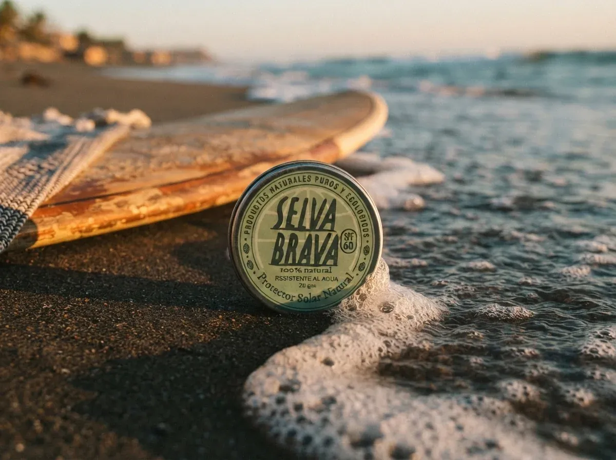 Lata de Selva Brava junto a una tabla de surf en la orilla